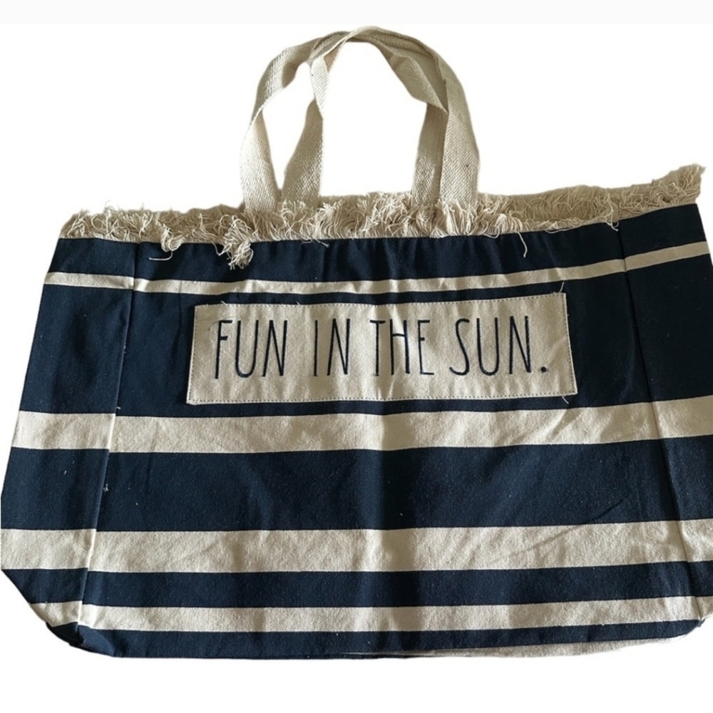 Rae Dunn "Fun in the Sun" Tote Bag | Navy & Cream Stripes | NWOT